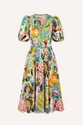 Robe midi art coloré manches bouffantes décolleté en V jupe ample été - Matilda