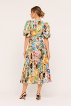 Robe midi art coloré manches bouffantes décolleté en V jupe ample été - Matilda