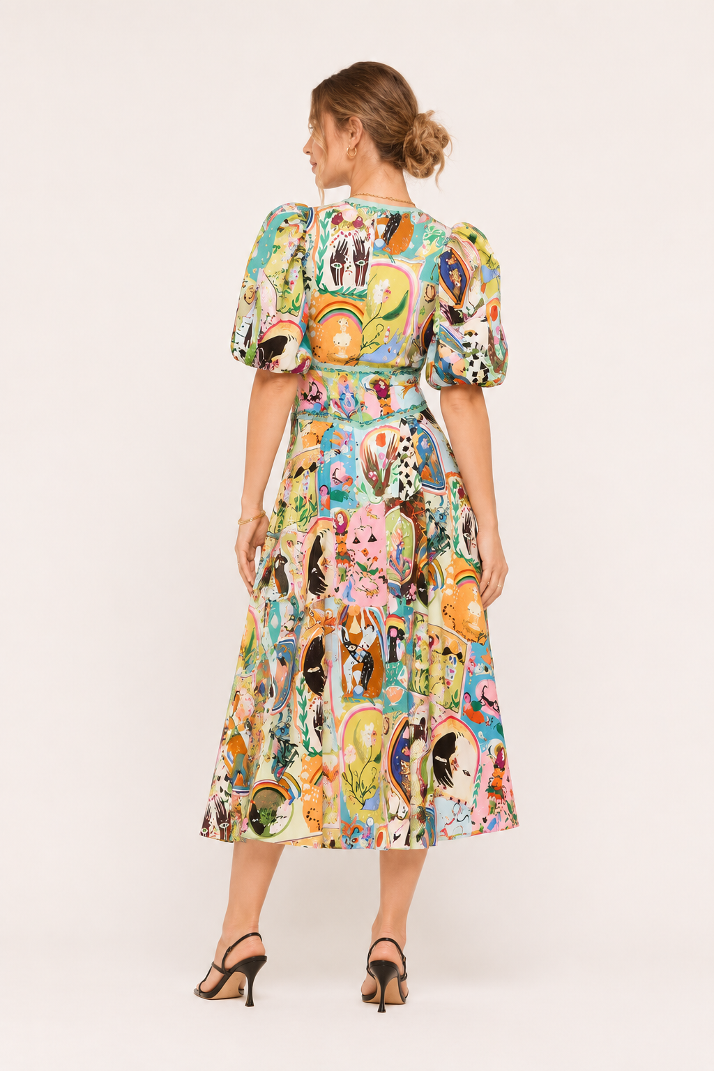 Robe midi art coloré manches bouffantes décolleté en V jupe ample été - Matilda