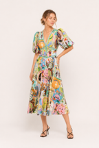 Robe midi art coloré manches bouffantes décolleté en V jupe ample été - Matilda