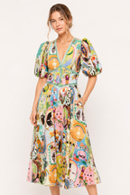 Robe midi art coloré manches bouffantes décolleté en V jupe ample été - Matilda