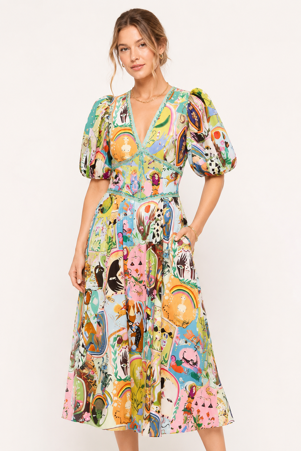 Robe midi art coloré manches bouffantes décolleté en V jupe ample été - Matilda