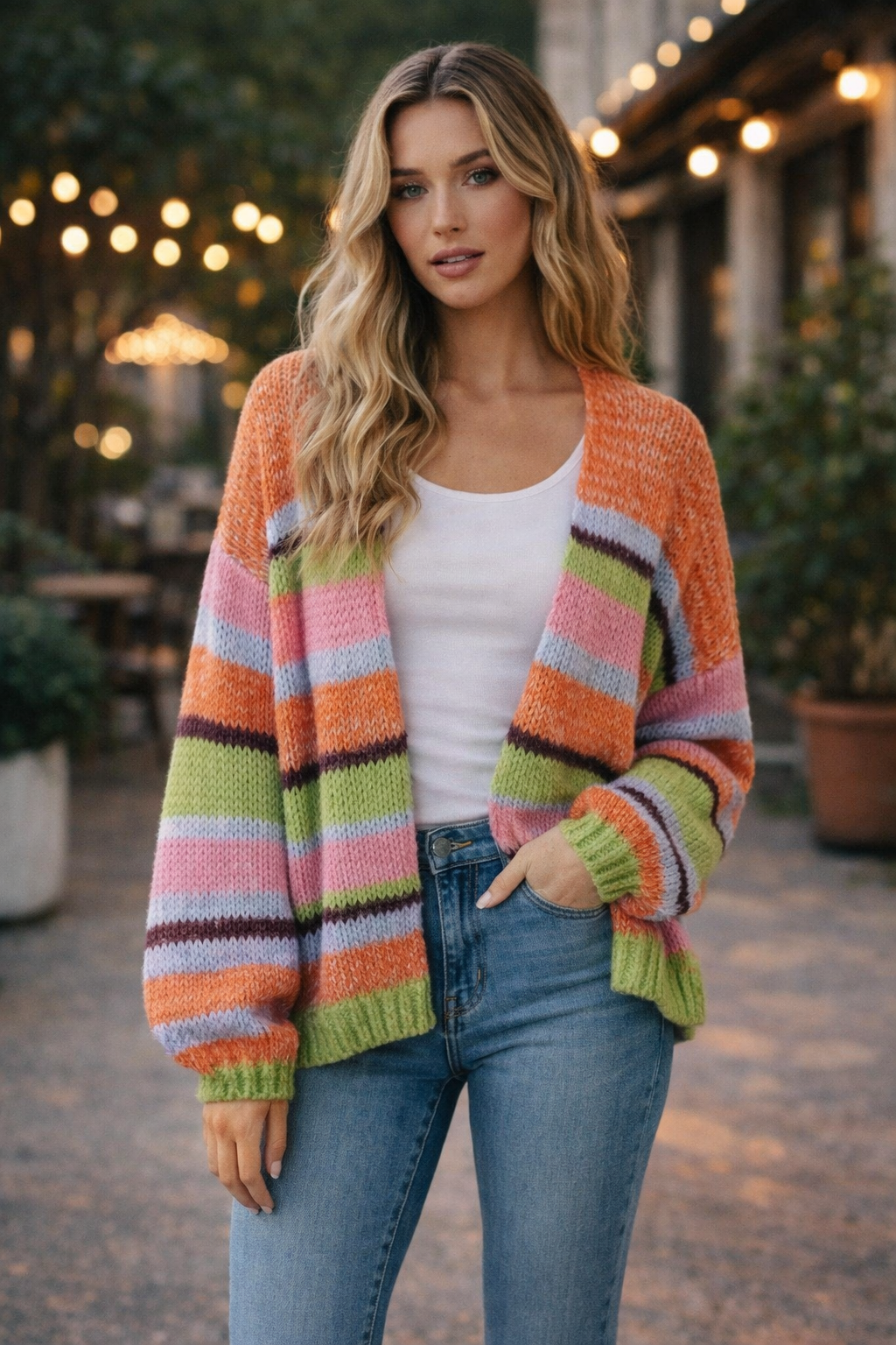 Cardigan en maille con col en v et fermeture boutonnée discrète, texture de tissage visible, coupe décontractée - Seldra