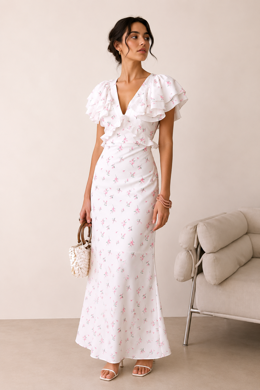 Robe midi fleurie volants épaulettes décontractée estivale - Hedda