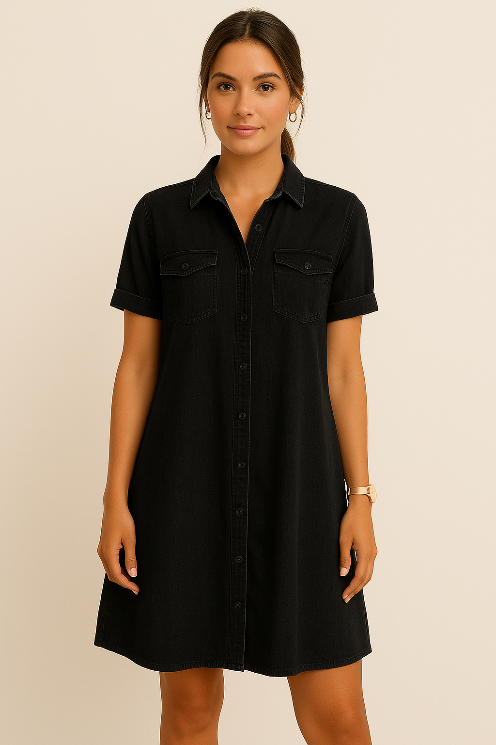 Robe chemise denim femme boutonnée devant poches poitrine longueur genou - Claire