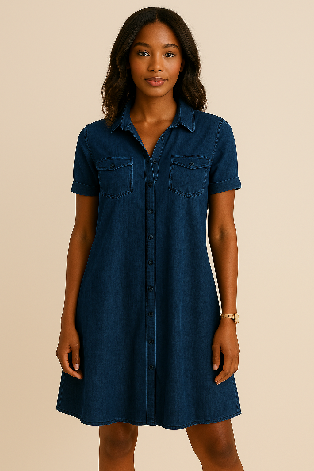 Robe chemise denim femme boutonnée devant poches poitrine longueur genou - Claire