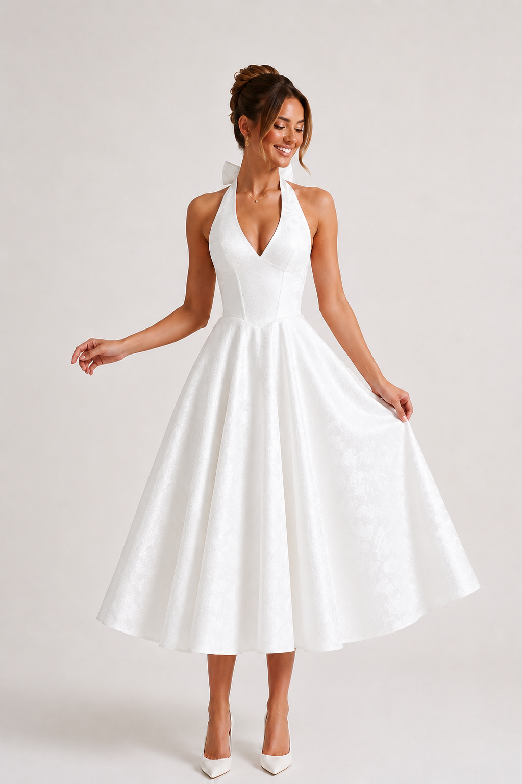 Robe midi dos nu bretelles licou taille haute jupe large soirée et diplôme - Elodie