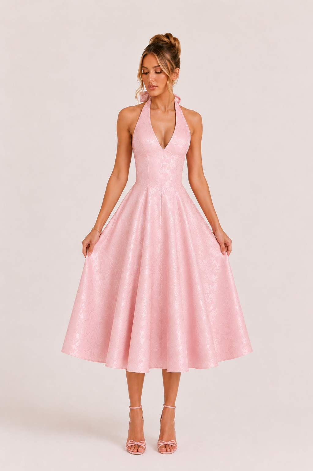 Robe midi dos nu bretelles licou taille haute jupe large soirée et diplôme - Elodie