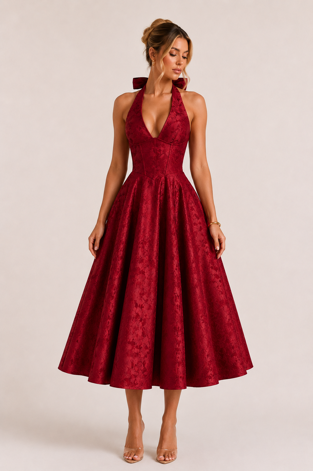 Robe midi dos nu bretelles licou taille haute jupe large soirée et diplôme - Elodie