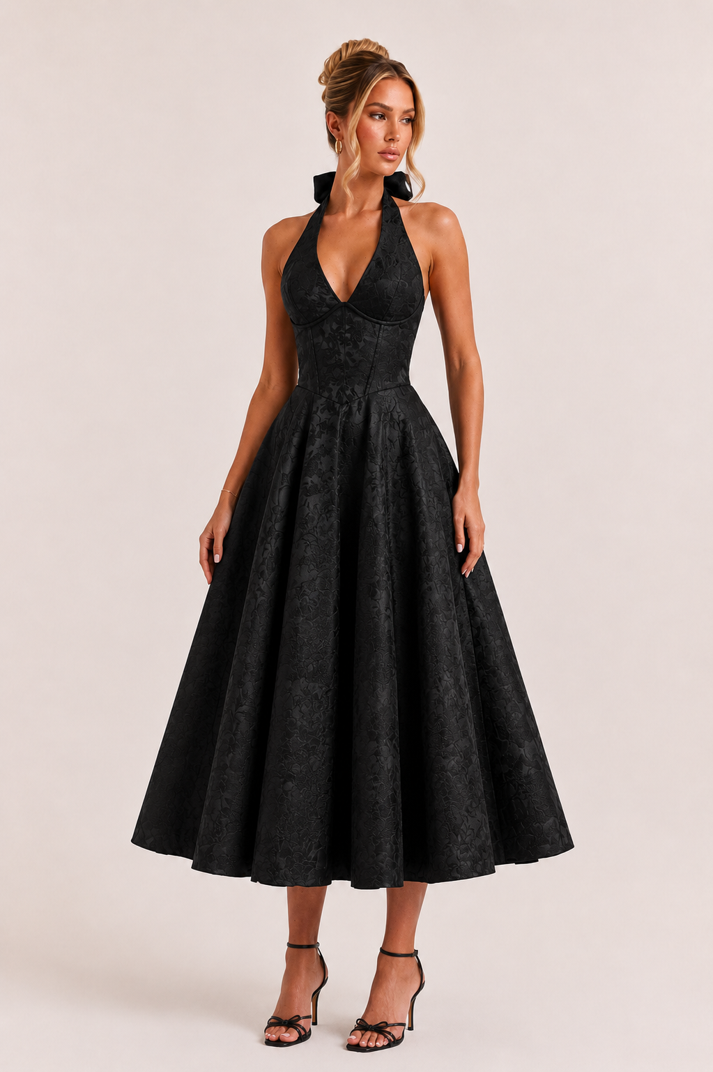 Robe midi dos nu bretelles licou taille haute jupe large soirée et diplôme - Elodie