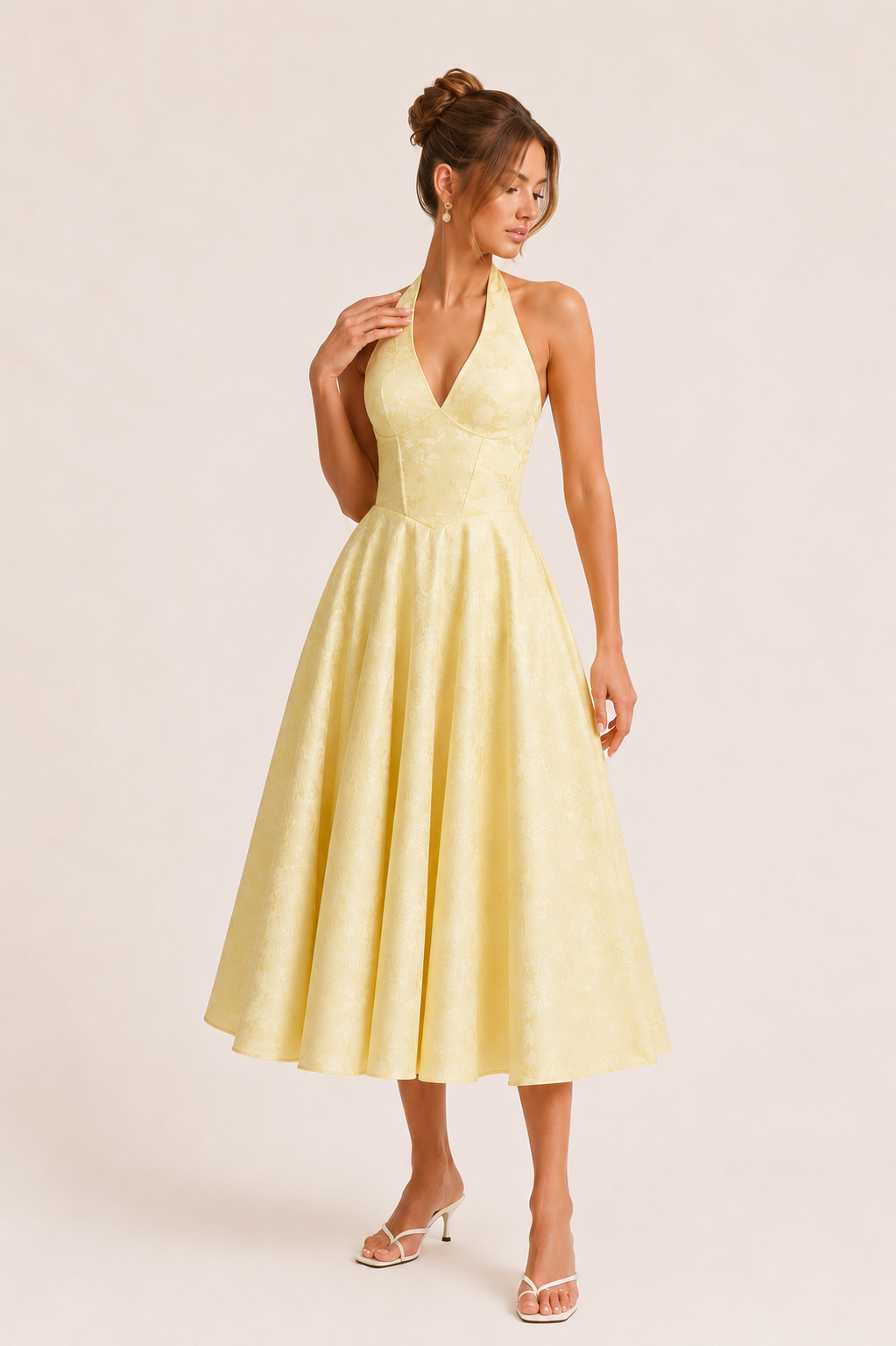 Robe midi dos nu bretelles licou taille haute jupe large soirée et diplôme - Elodie