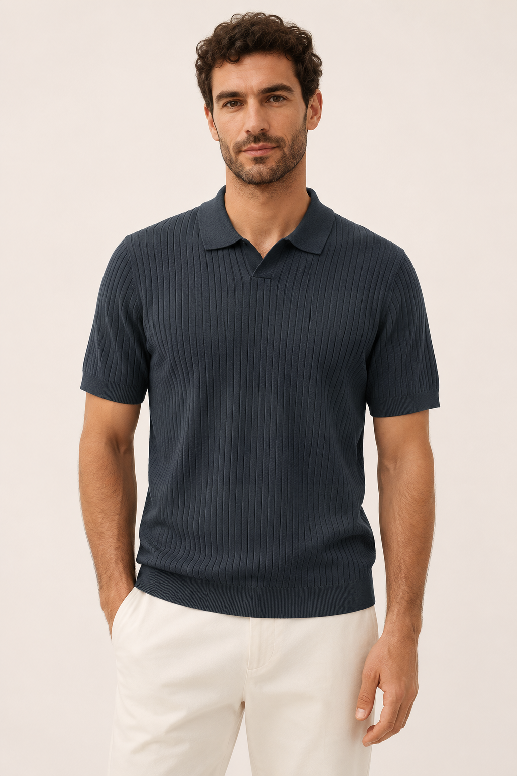 Polo en maille pour homme, manches courtes, col ouvert et col en côtes - Albert