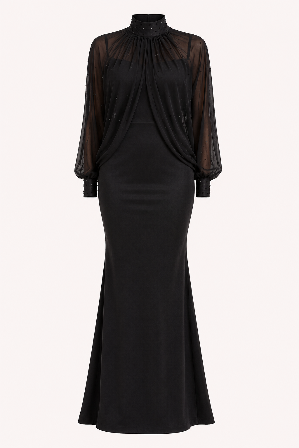 Robe longue deux pièces élégante à manches transparentes pour femme - Bleu ciel