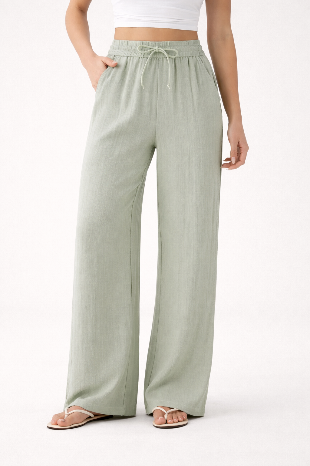 Pantalon large en lin pour femme à taille élastiquée et cordon ajustable - Brisa