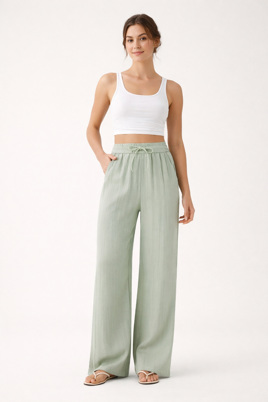 Pantalon large en lin pour femme à taille élastiquée et cordon ajustable - Brisa
