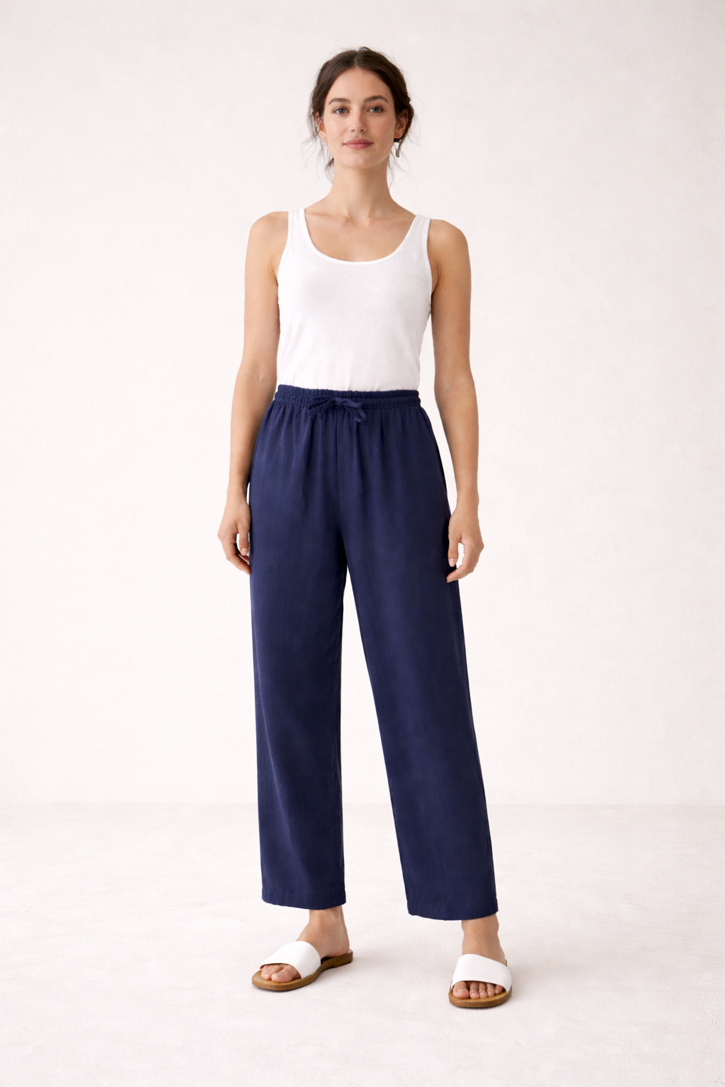 Pantalon large en lin à taille élastique et cordon de serrage femmes - Nerea