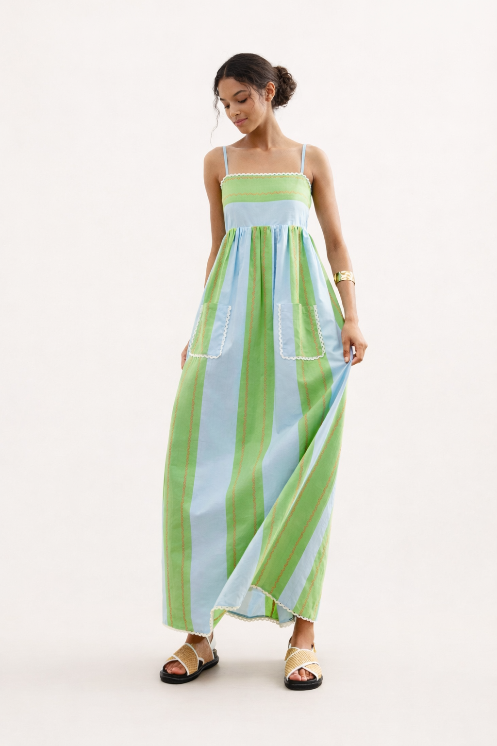 Robe longue rayée à fines bretelles avec poches pour femme - Liora