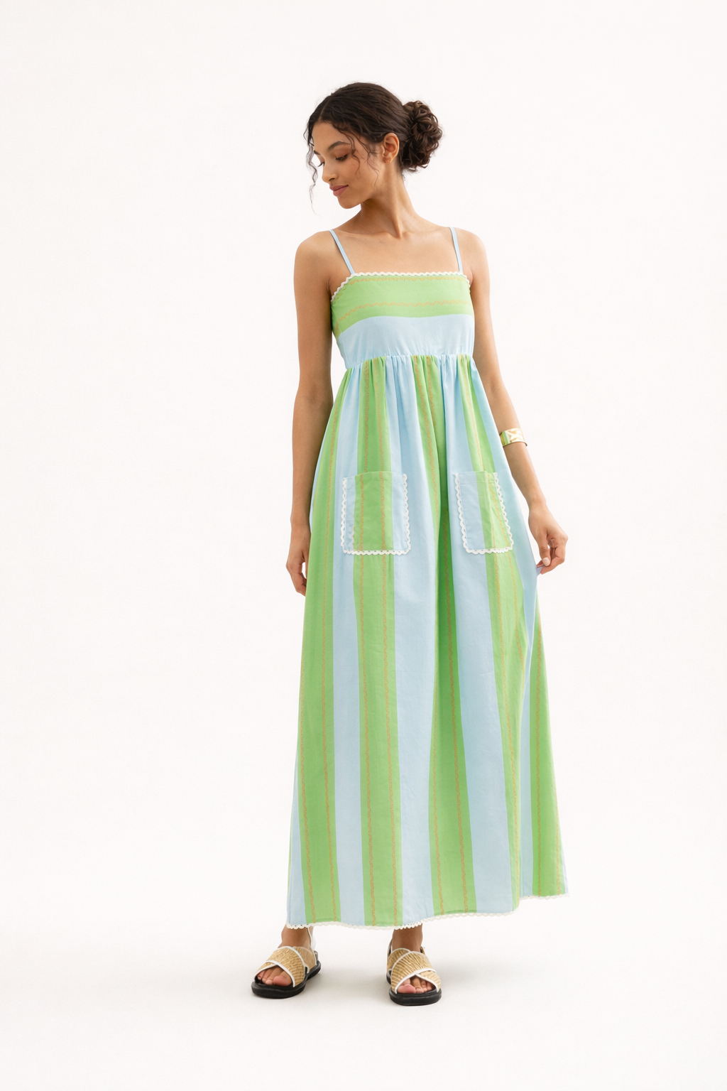 Robe longue rayée à fines bretelles avec poches pour femme - Liora