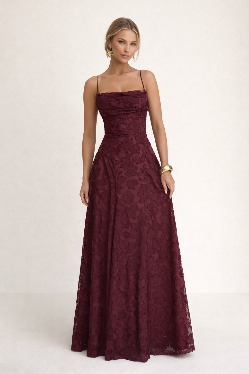 Robe longue sans bretelles encolure droite tissu texturé pour soirée - Lily