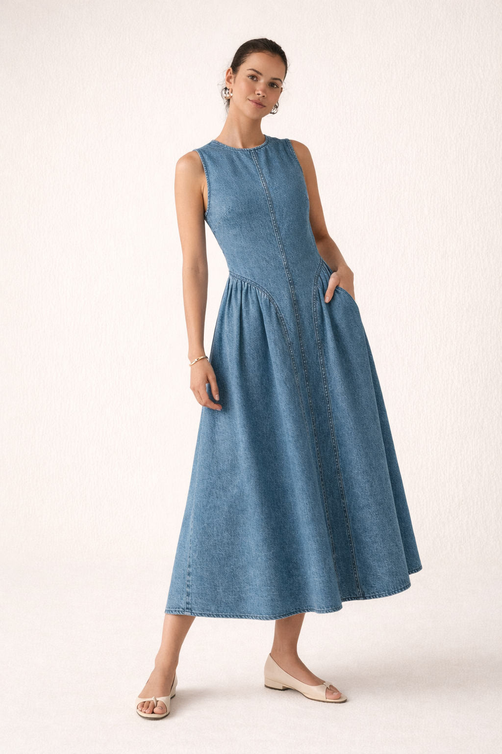 Robe midi denim sans manches coupe ample décontractée été - Keyla