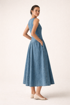 Robe midi denim sans manches coupe ample décontractée été - Keyla