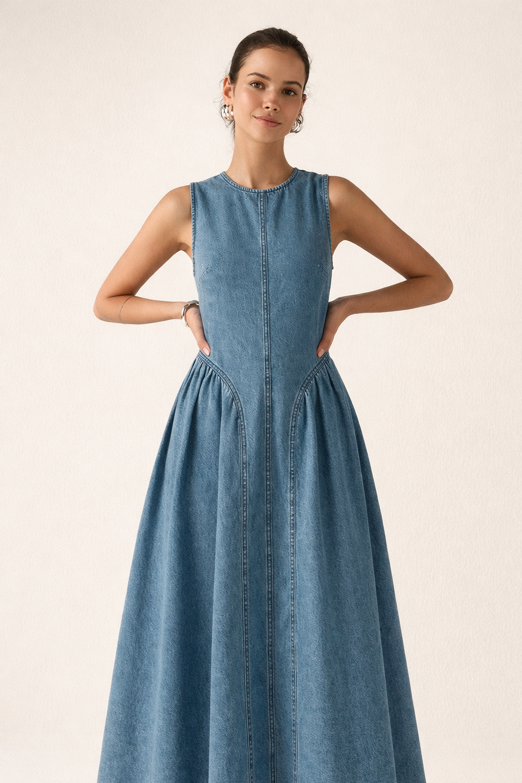 Robe midi denim sans manches coupe ample décontractée été - Keyla