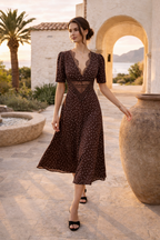 Robe midi à pois décolleté en V dentelle manches courtes - Mechthild
