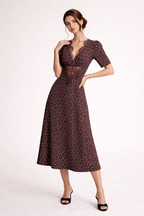 Robe midi à pois décolleté en V dentelle manches courtes - Mechthild