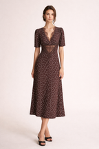 Robe midi à pois décolleté en V dentelle manches courtes - Mechthild