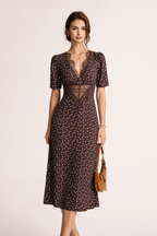 Robe midi à pois décolleté en V dentelle manches courtes - Mechthild