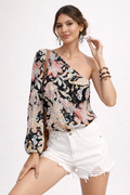 Blouse asymétrique à une épaule in tissu imprimé léger con a manche longue et épaule dénudée - Olivia
