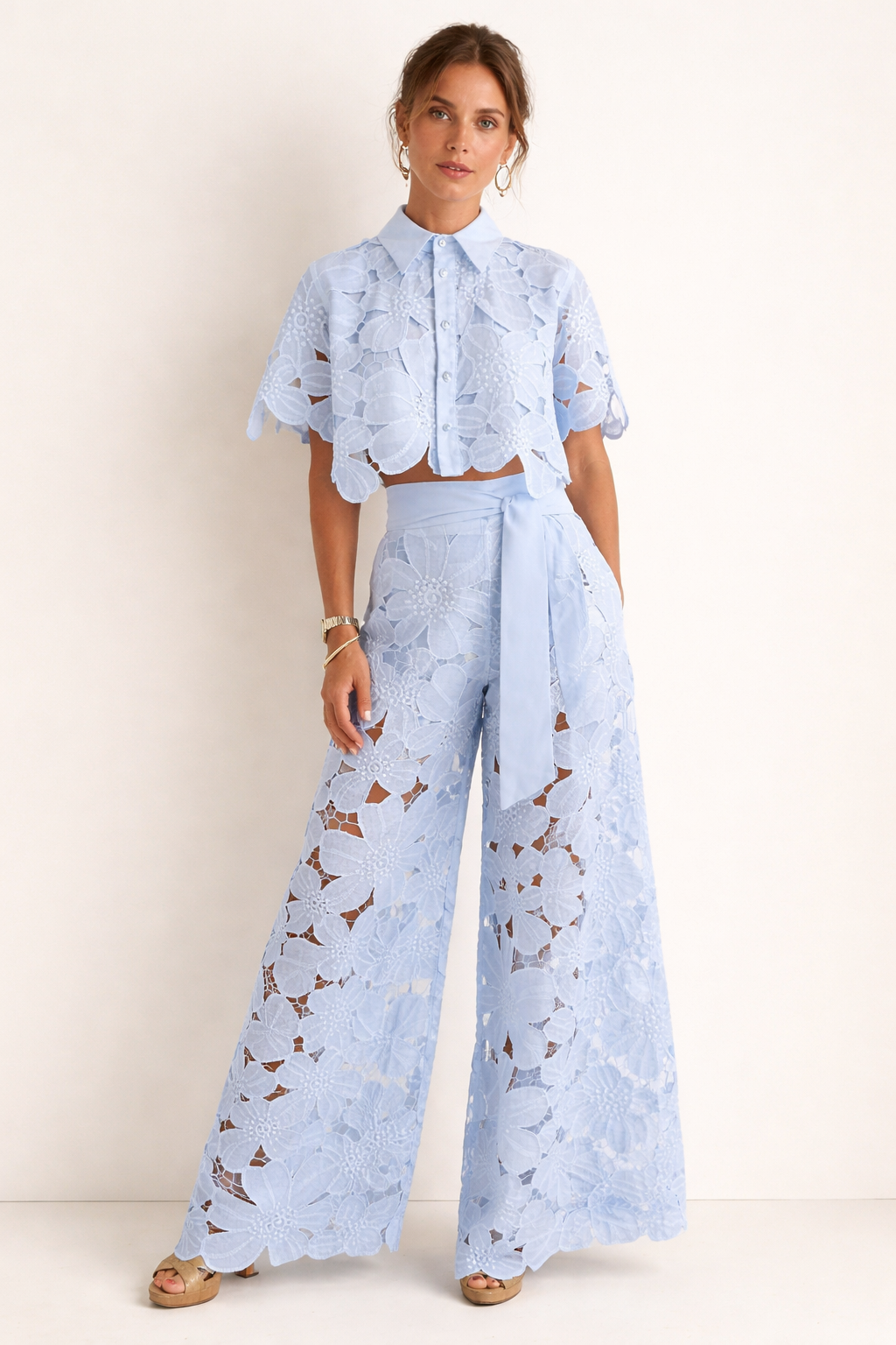 Ensemble femme dentelle florale blouse manches courtes pantalon large - Anneliese