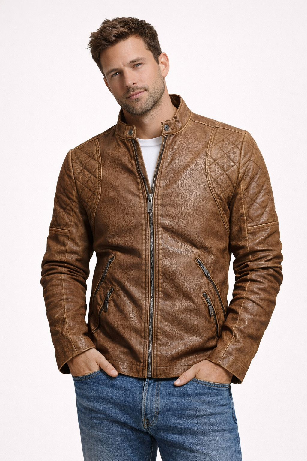 Veste de motard pour homme en cuir végétalien avec fermeture éclair et surpiqûres - Bravik