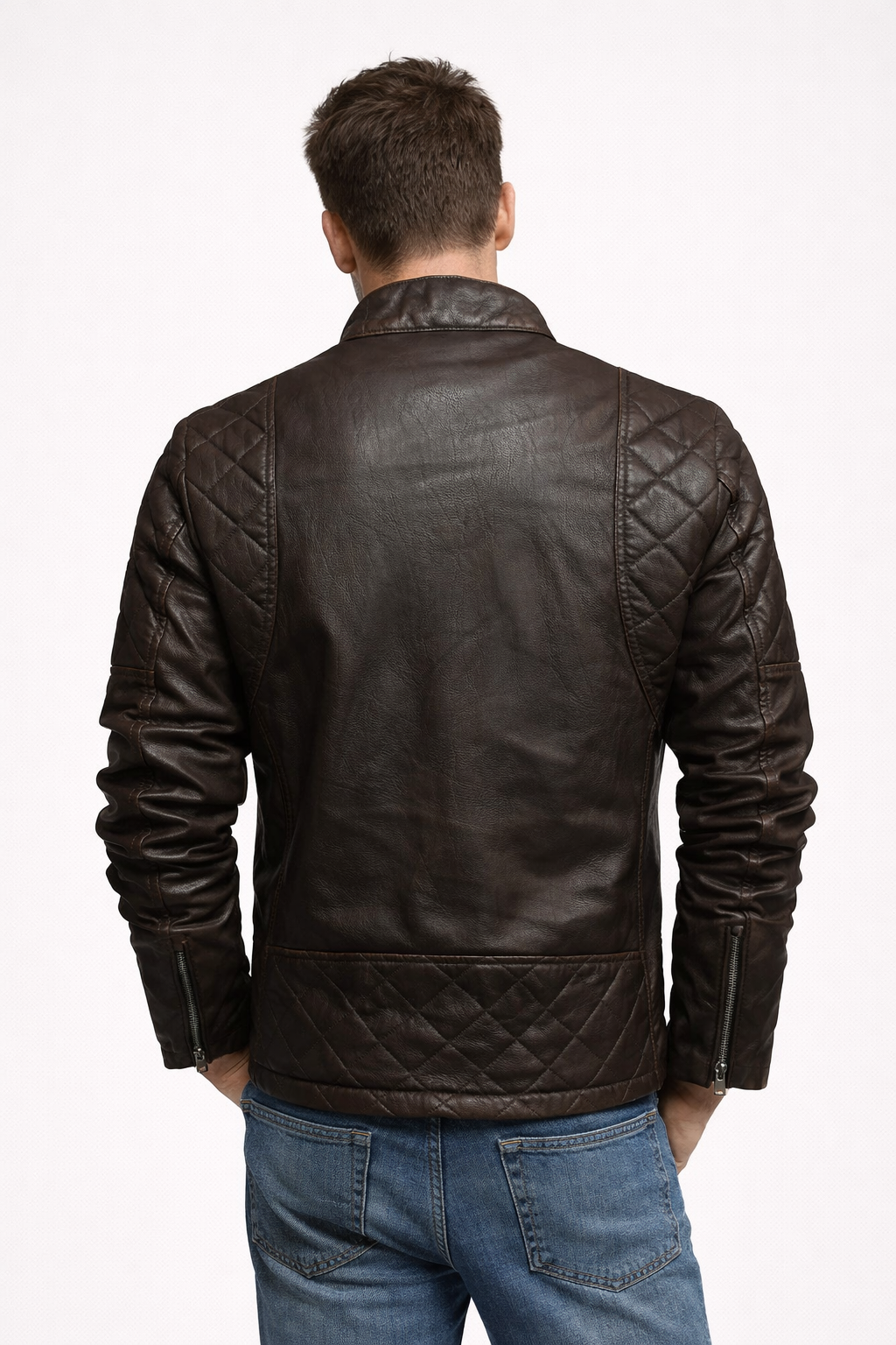 Veste de motard pour homme en cuir végétalien avec fermeture éclair et surpiqûres - Bravik