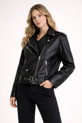 Veste De Motard En Similicuir Pour Femme Avec Ceinture, Coupe Adaptée Et Tissu Synthétique Imitant Le Cuir - Ylena