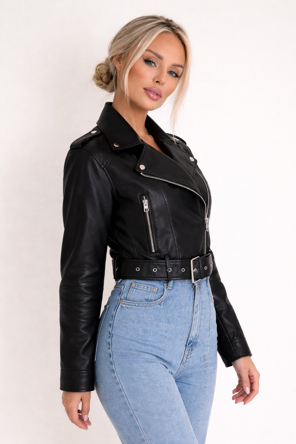 Veste Courte de Motard pour Femme en Synthèse Flexible con Ceinture Diagonale et Fermeture Croisée - Zaireth