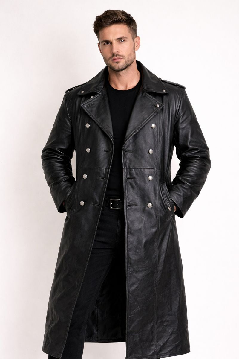 Veste De Motard Longue Pour Homme En Matière Synthétique Avec Fermeture À Boutons - Varekh