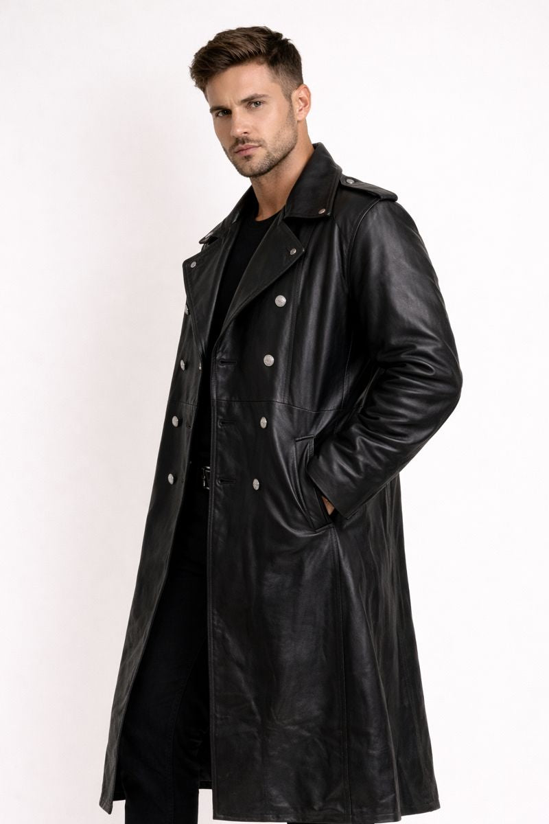 Veste De Motard Longue Pour Homme En Matière Synthétique Avec Fermeture À Boutons - Varekh