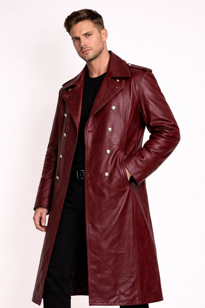 Veste De Motard Longue Pour Homme En Matière Synthétique Avec Fermeture À Boutons - Varekh