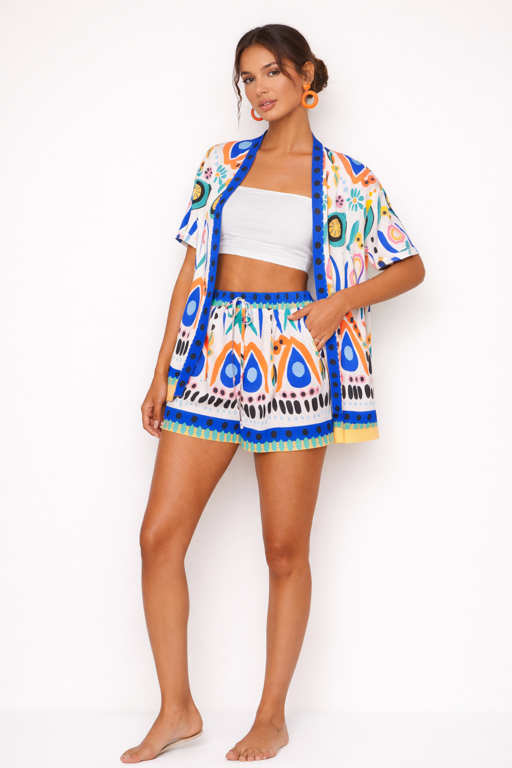 Tenue deux pièces kimono et short à motifs printaniers - Arlena