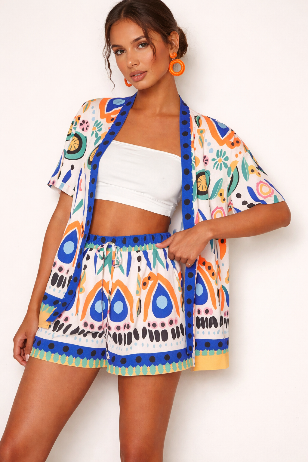 Tenue deux pièces kimono et short à motifs printaniers - Arlena