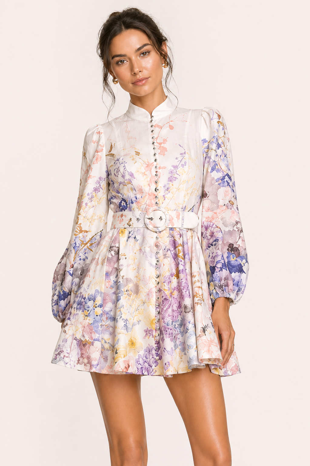 Robe courte fleurie col boutonné ceinturée manches longues événement et déjeuner - Candice