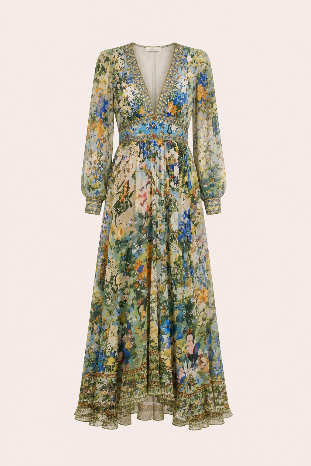 Robe midi décolleté en V taille haute manches bouffantes dîner et événement - Connie