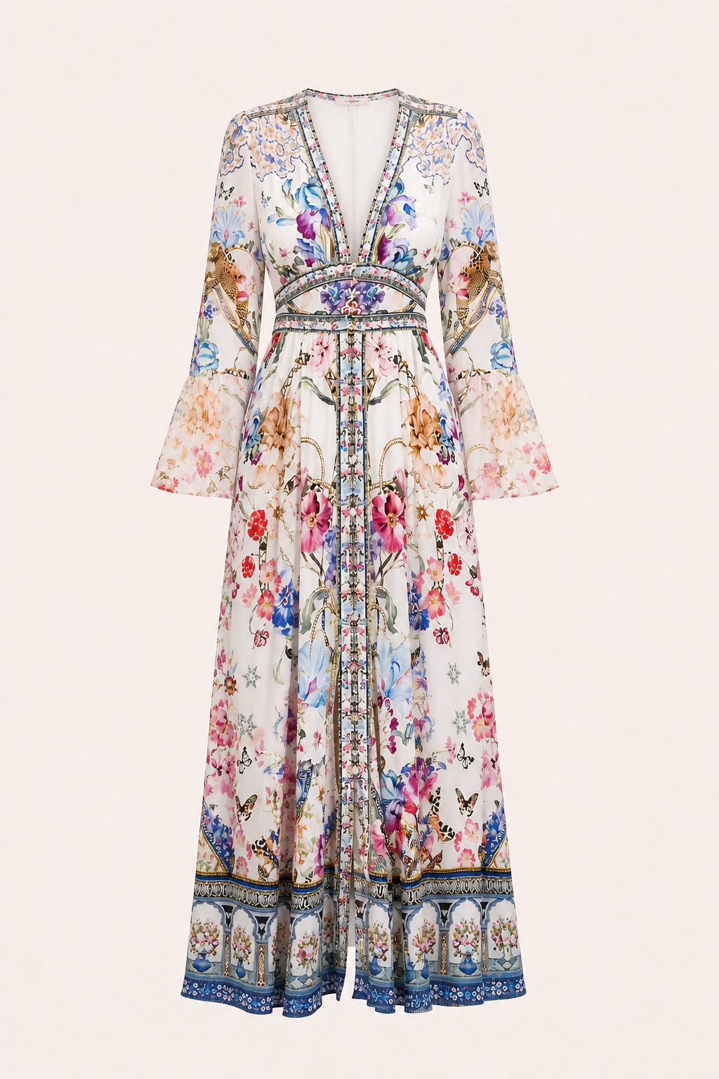 Robe midi décolleté en V taille haute manches bouffantes dîner et événement - Connie
