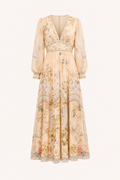 Robe midi décolleté en V taille haute manches bouffantes dîner et événement - Connie