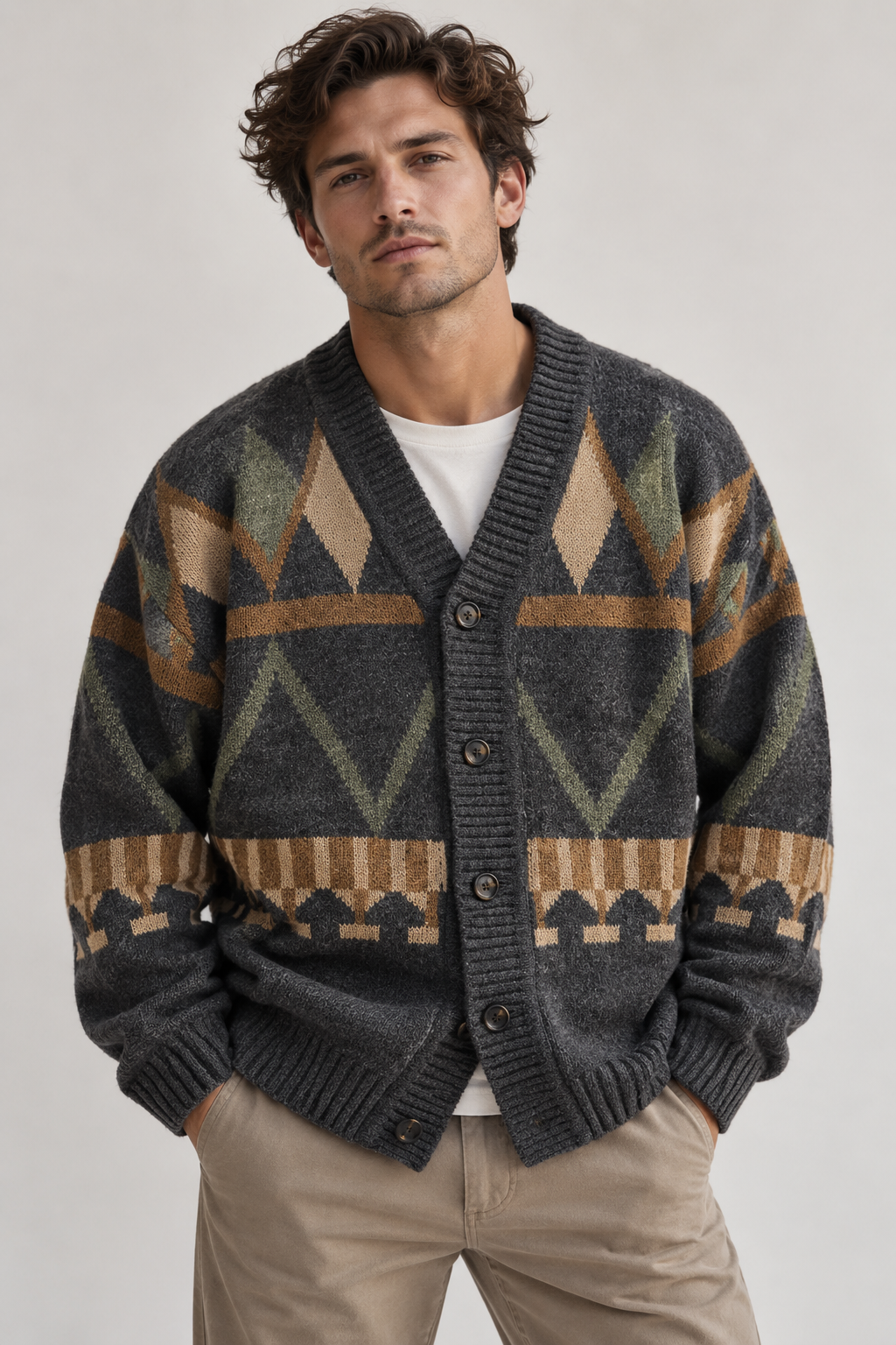 Cardigan maille homme motifs géométriques jacquard tricot - Alden