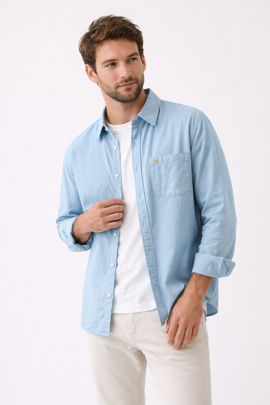 Chemise homme été manches longues poche poitrine col boutonné décontractée - William