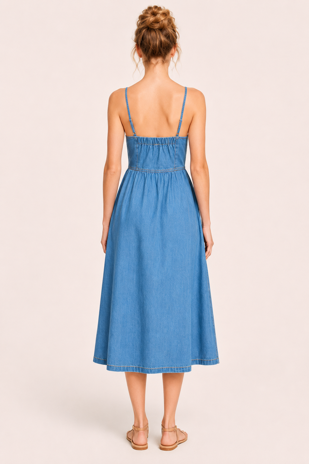 Robe midi denim fines bretelles taille haute boutonnée printemps-été vacances et déjeuners - Hanneli
