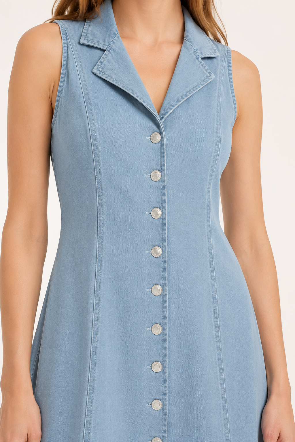 Robe longue denim sans manches boutonnée col revers jupe large printemps-été - Elara