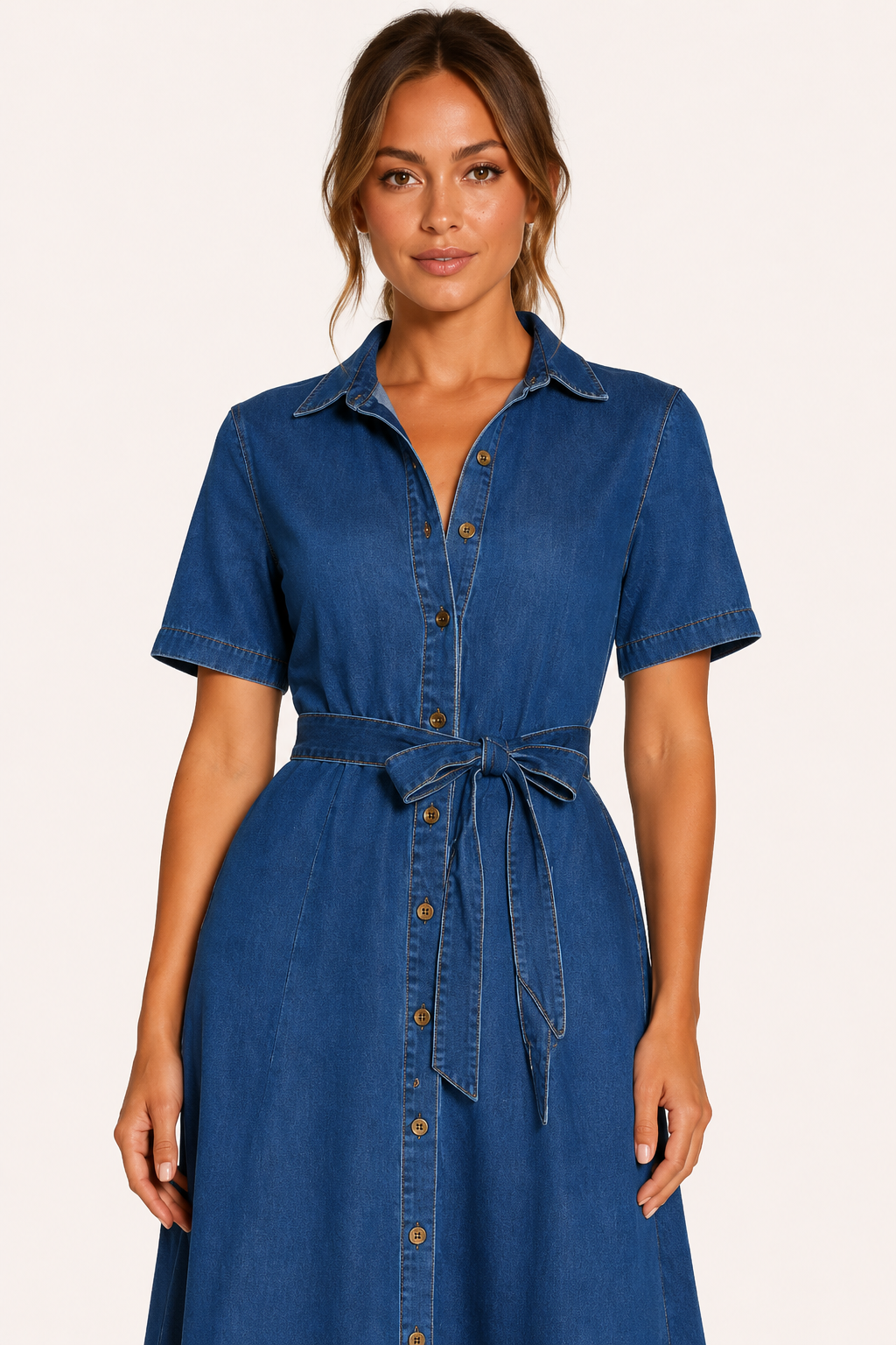 Robe midi denim col revers décolleté en V ceinturée boutonnée manches courtes casual - Klara